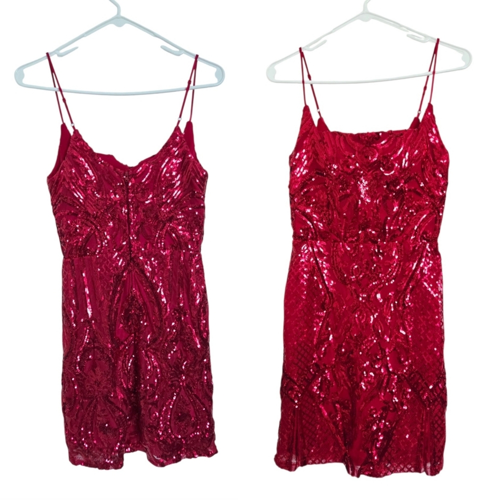 B.Darlin Spaghetti Strap Square Neck Short Fitted Dress Small Red Sequin Bodycon - Picture 3 of 9